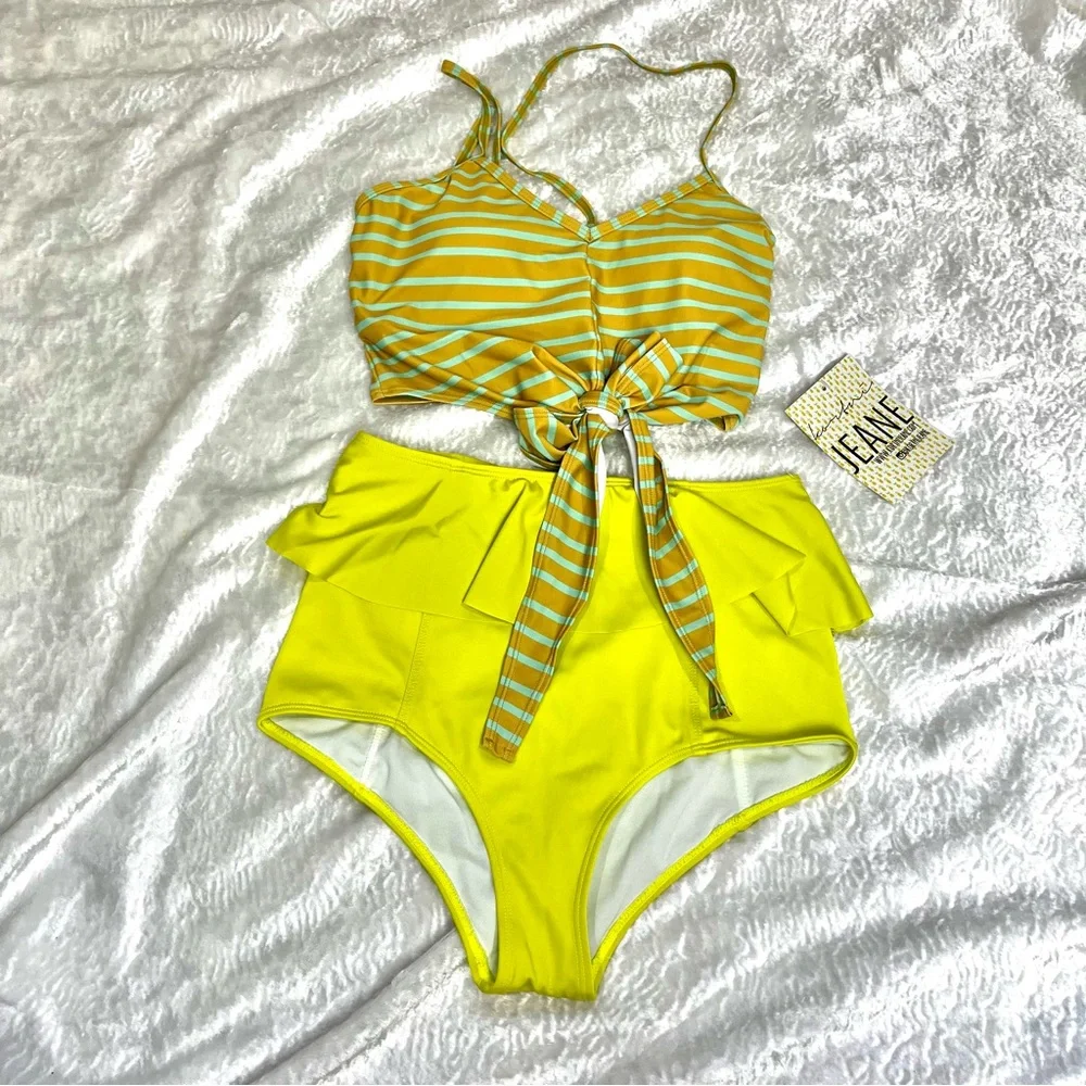 Kortni Jeane Neon Green/ Yellow High-Waisted Bikini Bottoms size Small-NWT